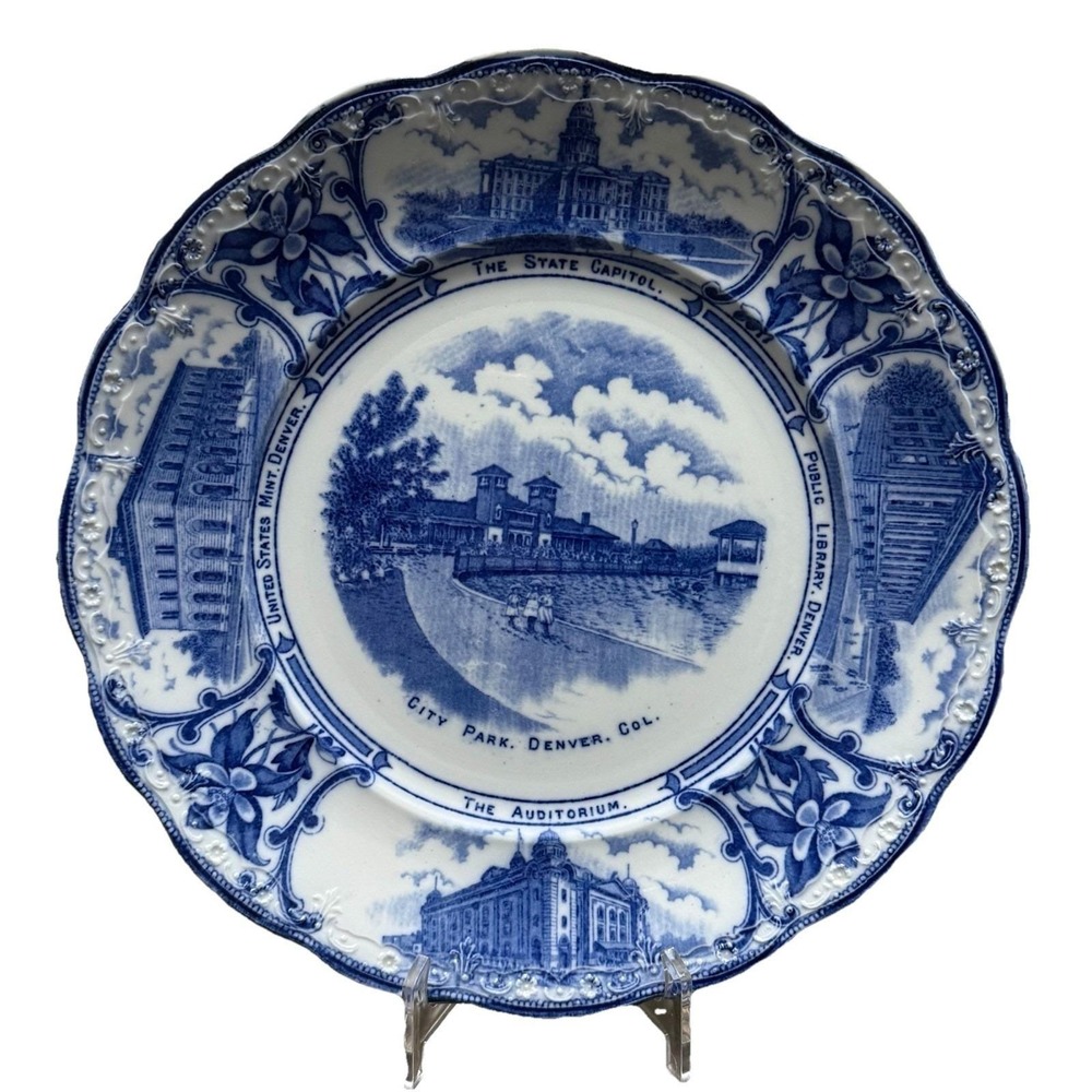 Vintage FW&Co England Blue Transferware Plate Denver CO State Capitol City Park